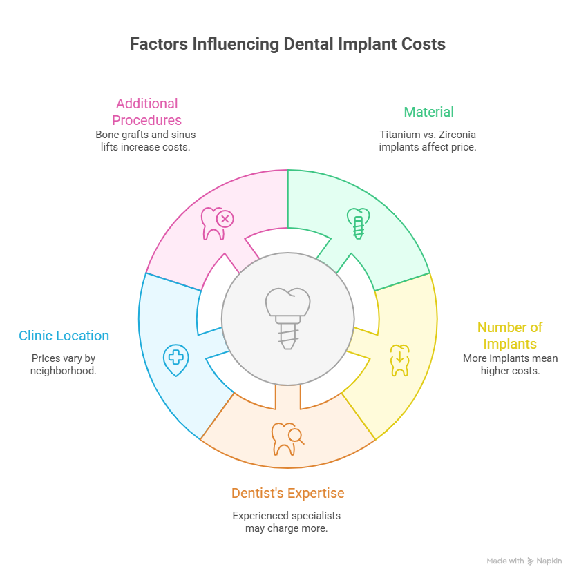 Factors Affecting Dental Implant Cost

Understanding why dental implants cost what they do can help you plan and find affordable options. Several factors influence the final price:

Material of the Implant: Titanium implants are widely used for their strength, while zirconia implants are metal-free and highly aesthetic but may cost more.

Number of Implants Needed: Single-tooth implants are cheaper than multiple implants or full-mouth restorations.

Dentist’s Expertise: Experienced implant specialists may charge more but offer better results and long-term success.

Location of the Clinic: Prices can vary across Chicago neighborhoods.

Additional Procedures: Bone grafts, sinus lifts, or extractions may add to costs.